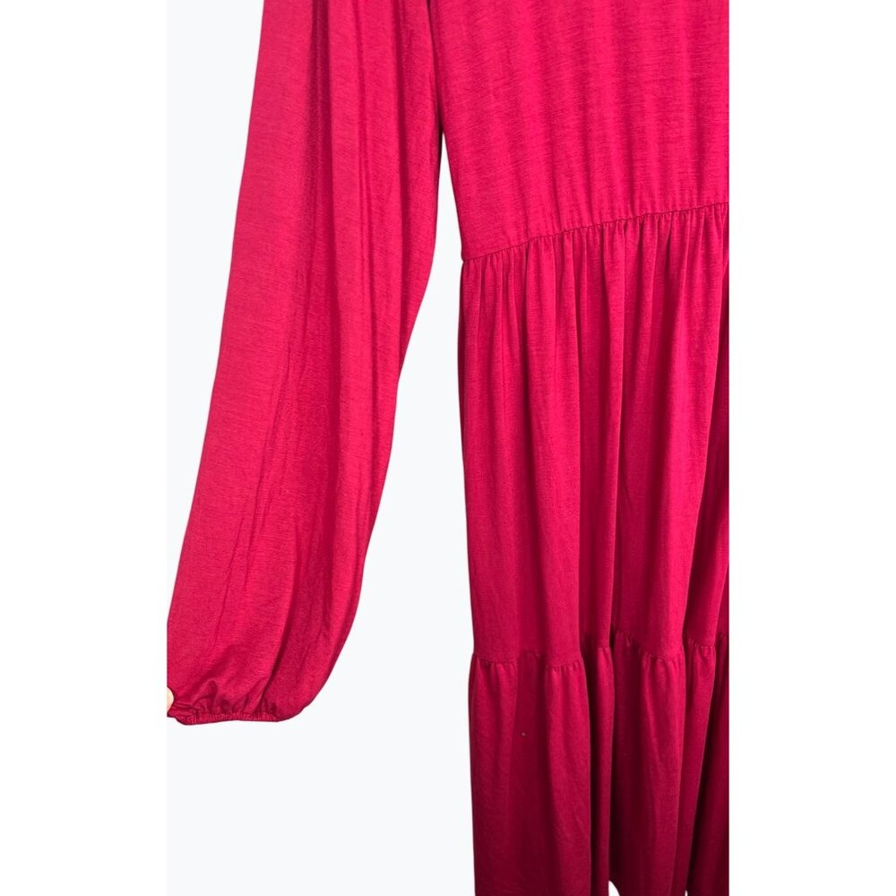 Smallshow Red Rayon & Spandex Long Sleeve V-Neck Tiered Maternity Dress - Picture 7 of 14